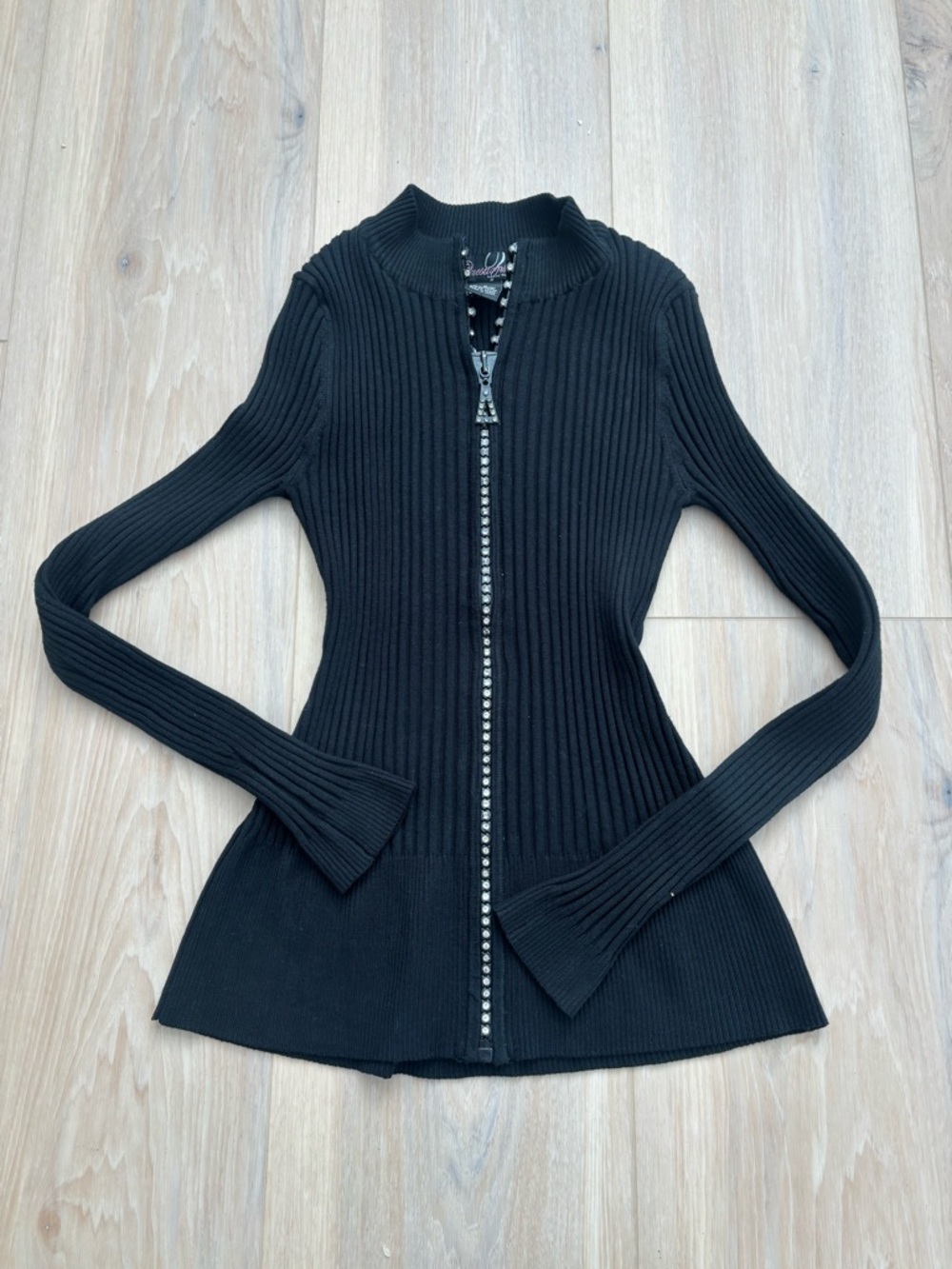 Y2K Zip Up Ribbed Knit Top Black Fitted Sweater Rhinestone Zipper